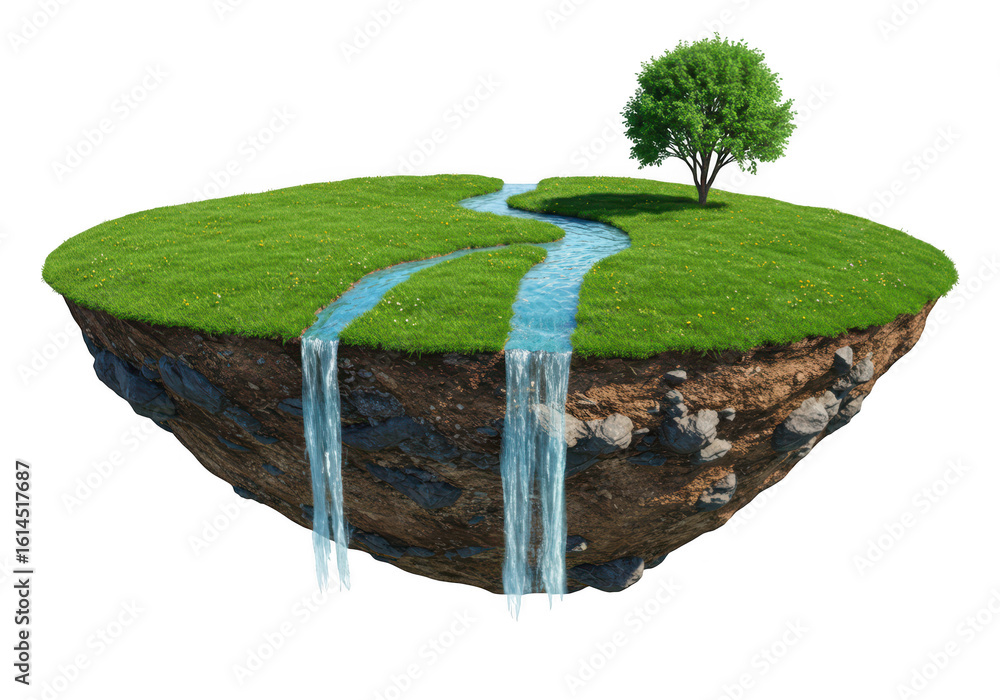 Poster a surreal floating island with a winding stream and waterfall, topped with lush green grass and a si