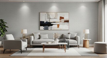 A modern living room with a sofa, armchair, and abstract art