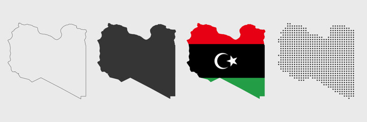 Libya map detailed in outline, grey, flag color, and dotted style