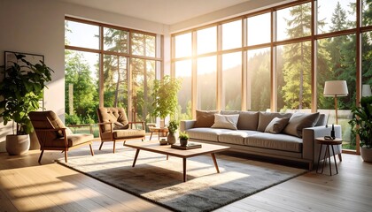 Fototapeta premium Modern living room with large windows and sunlight