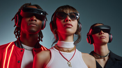 Diverse friends sport futuristic eyewear in vibrant gaming lounge. They exude confidence and anticipation for immersive virtual experiences together
