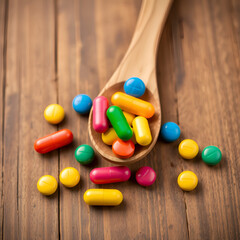 Wooden spoon with colorful pills