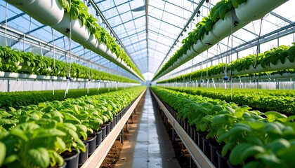 Rows of young plants in a greenhouse