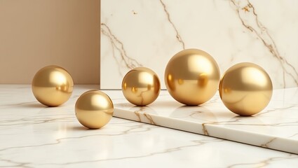 Five polished gold spheres of varying sizes rest on a marble surface against a beige and marble backdrop. 
