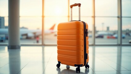 Orange suitcase waiting for travel at airport with airplanes outside