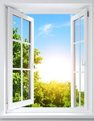Open window view of sunny, lush green trees
