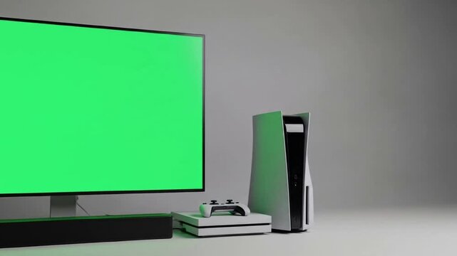Modern gaming setup with green screen TV, console, and controller ready for action.