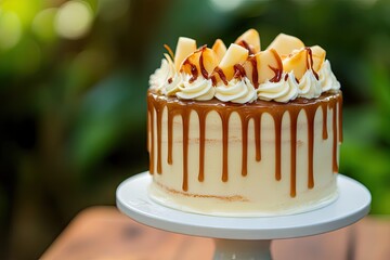 A delectable round cake, adorned with caramel drizzle and sliced fruit, sits on a white cake stand against a blurred green backdrop.  The creamy frosting is delicately swirled
