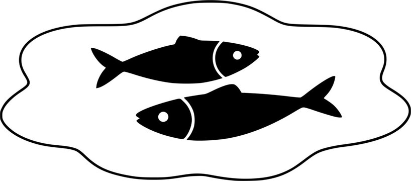 Modern illustration of two pink fish on a cream flower-shaped plate. Two stylized sardines. Contemporary digital art with clean lines and playful pastel color palette