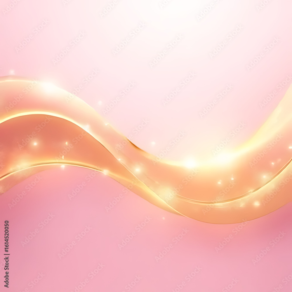 Poster abstract flowing ribbon design with golden highlights and sparkling light effects on a soft pink bac