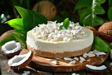Creamy coconut cheesecake rests on a rustic wooden board, garnished with toasted coconut flakes and a sprig of greenery, surrounded by halved coconuts and lush tropical foliage