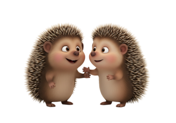 Two cartoon hedgehogs with friendly expressions holding hands against a white background.