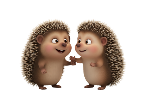 Two cartoon hedgehogs with friendly expressions holding hands against a white background.
