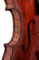 Old violin close up of left side on 3/4 on white background