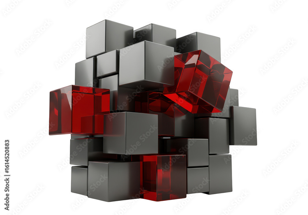 Poster a complex structure of gray and red glass cubes forms an abstract design, isolated on a transparent 