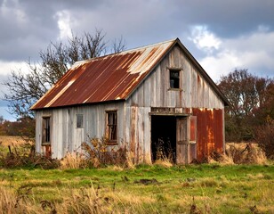 Rustic barn on a field under a cloudy sky
