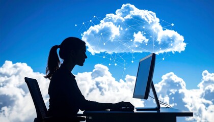 Silhouette working with digital cloud over blue sky connecting technology network