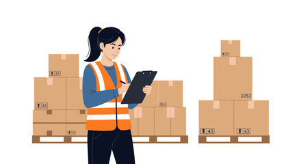 Warehouse worker set. Person inspecting and documenting packages on pallets in a storage facility. Vector illustration.
