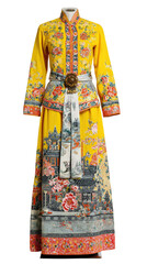 Naklejka premium Traditional Chinese Dress with Vibrant Yellow Color and Intricate Floral Patterns for Fashion and Cultural Display
