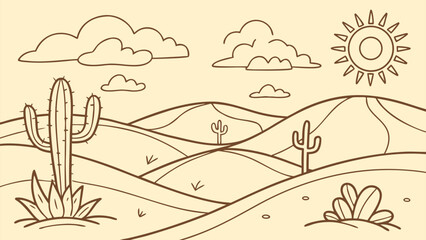Whimsical desert landscape with saguaro cacti rolling hills fluffy clouds and a bright sun in a simple line art style