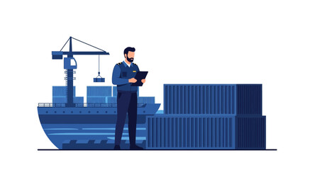 Cargo shipping concept. Maritime officer inspecting shipping containers near a cargo ship at the port. Vector illustration.