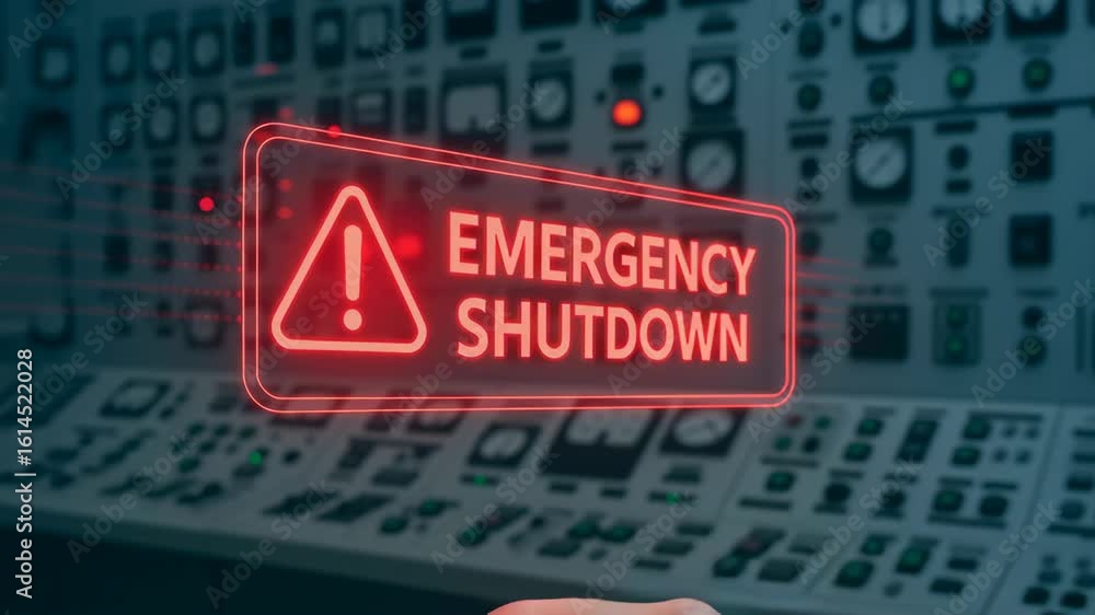 Poster emergency shutdown warning glows red as finger points energy sector control room with engineering co