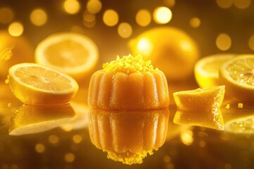 A small, golden-yellow lemon cake, adorned with lemon zest, sits on a reflective surface amidst lemon slices and a bokeh background of warm yellow lights