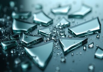 Shattered Glass Pieces with Water Drops