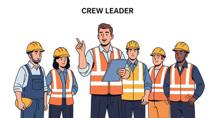 Construction team illustration. Crew leader giving instructions to workers wearing safety gear and high-visibility vests. Vector illustration.
