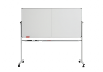 A doublesided mobile whiteboard on wheels stands empty and ready for use in an office or classroom setting isolated on transparent background