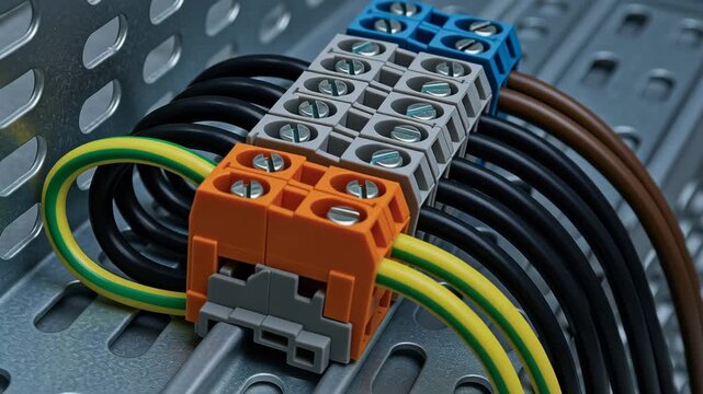 Electrical wiring connection and terminal block setup engineering for energy sector with secure organized cables ensuring reliable electrical - Powered by Adobe