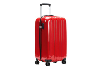A shiny red modern suitcase with wheels and a handle stands ready for travel on a transparent background