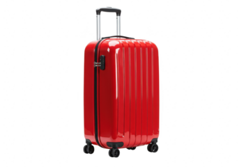 A shiny red modern suitcase with wheels and a handle stands ready for travel on a transparent background