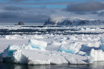 Floating ice on the ocean with mountains in the background in the arctic of Svalbard, Norway © Reto Ammann