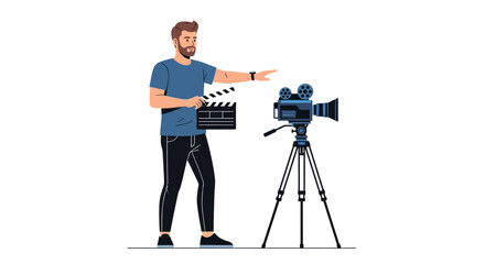 Film production concept. Male director holding a clapperboard near a vintage movie camera on a tripod. Vector illustration.