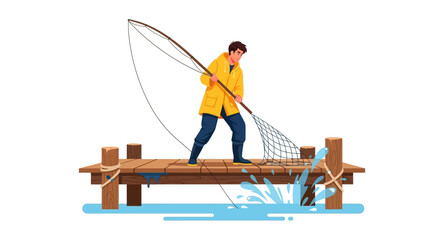 Fishing activity illustration. Man in a yellow raincoat using a fishing net on a wooden pier with water splashing. Vector illustration.