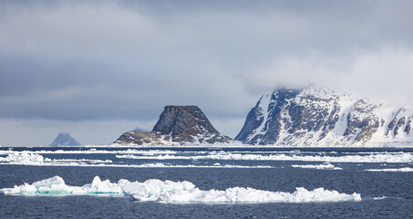 Floating ice on the ocean with mountains in the background in the arctic of Svalbard, Norway © Reto Ammann