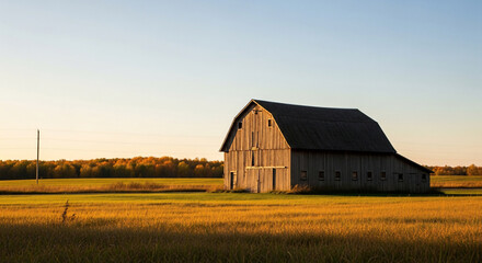 Obraz premium Rustic Wooden Barn in Golden Field at Sunset