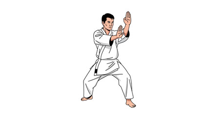 Martial arts pose. Karate practitioner in traditional attire performing defensive stance. Vector illustration.