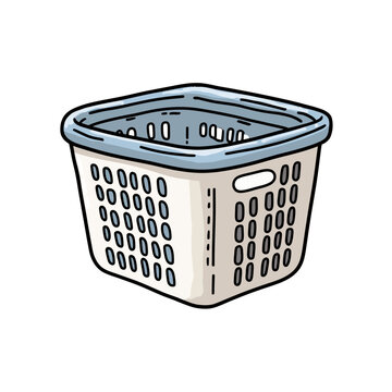 A simple, hand-drawn cartoon illustration of a classic plastic laundry basket, a recognizable household essential for carrying clothes and organizing the laundry room.
