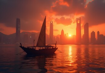 Traditional Boat Against City Skyline Sunset