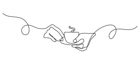 drinking coffee close up hand holding cup one line continuous drawing minimalist art illustration