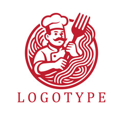 Energetic mascot of a noodle chef with a fierce martial arts pose—brandishing a giant fork like a silat weapon, framed in bold lines and dynamic movement.