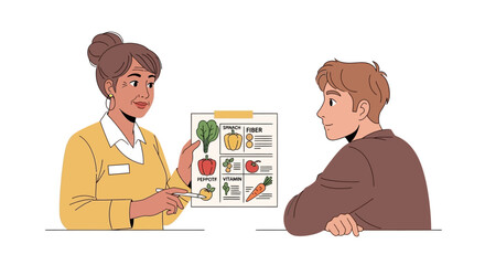 Nutrition consultation illustration. Professional dietitian presenting a healthy diet chart with food recommendations to a patient. Vector illustration.
