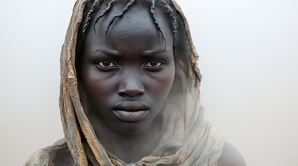 Intense gaze of a South Sudanese woman adorned with traditional attire and ornaments portraying