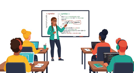 Programming class scene. Teacher explains coding syntax to students in a computer lab setting. Vector illustration.