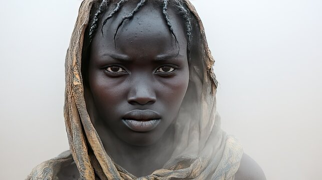 Intense gaze of a South Sudanese woman adorned with traditional attire and ornaments portraying