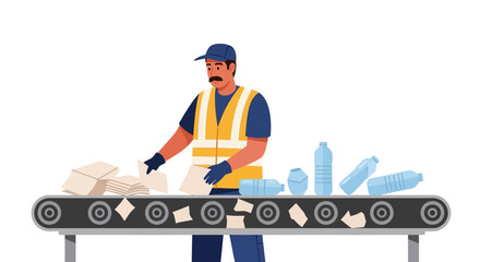 Recycling worker sorting trash on conveyor belt. Worker inspects paper and plastic materials in waste management facility. Vector illustration.