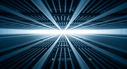 High-Tech Data Center Aisle with Bright Light at Vanishing Point