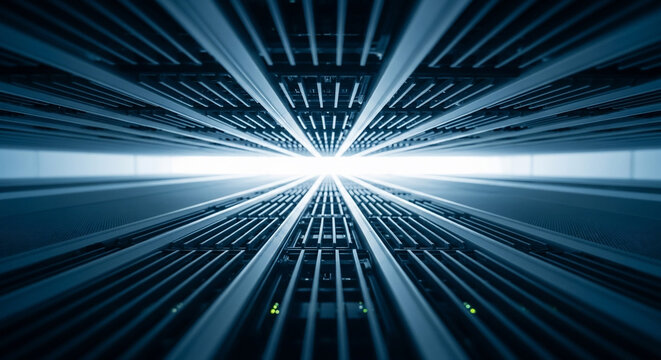 High-Tech Data Center Aisle with Bright Light at Vanishing Point